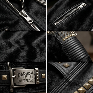Wholesale Custom Men Studded Punk <b>Leather</b> <b>Jacket</b> Manufacturer Heavy Metal Spikes Rockstar Genuine Cow Hide Fur Biker Coat - Product Image 5