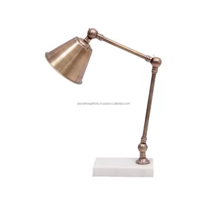 Metal Table Lamp With Brass Finishing Round Shape Lamp Shade Premium Quality With White Stone Rectangular Base For Home Lighting