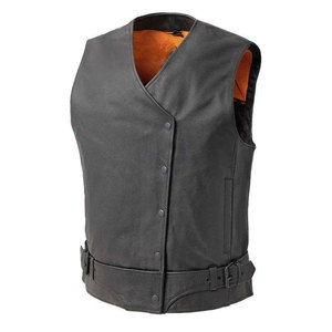 Gilet en cuir véritable pour homme, col en V, fermeture éclair simple, coupe-vent, rembourrage en polyester, style motard, coupe classique - Product Image 1