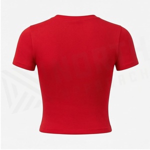 North Approach <b>Red</b> Ribbed <b>Crop</b> <b>Top</b> Short Sleeve Crew Neck Solid Active Stretch Yoga Wear Women's Sportswear - Product Image 2