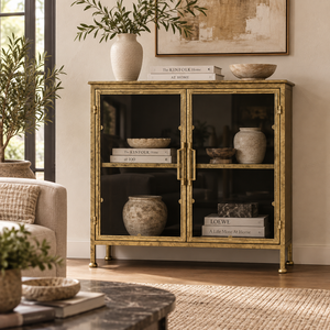 Industrial Style Antique Brass Finish <b>Metal</b> Glass Door Living Room <b>Cabinet</b> Modern 2 Door Sideboard Credenza - Product Image 1
