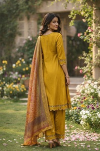 Elegante Conjunto de Kurti para Mujer, Manga 3/4, Algodón y Seda, Completamente Cosido, para Ocasiones Formales y Festivas - Product Image 4