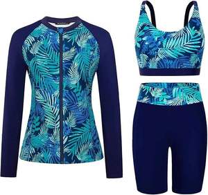 Ensemble de 3 pièces pour femmes, haut de maillot de bain à manches longues, séchage rapide, soutien-gorge de sport, short taille haute, vêtements d'entraînement - Product Image 3