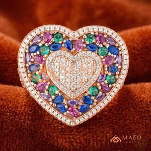 14K Rose Gold Plated Heart Ring Multi-Color Stone Cluster Wedding Band Iced Out Romantic Heart Jewellery Pink Gold Rainbow Ring - Product Image 1