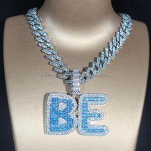 Luxury Hip Hop Blue Lab Grown Diamond " BE " Necklace Pave Setting Cuban Link Jewelry For Men Women - Product Image 3