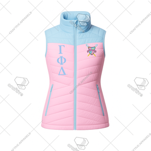 เสื้อกั๊กพัฟเฟอร์ Gamma Phi Delta พร้อมส่ง เสื้อกั๊กบุผ้านวมคุณภาพสูง เสื้อกั๊กแบบวาร์ซิตี้ เสื้อกั๊กบุใยสังเคราะห์สำหรับผู้หญิง - Product Image 1