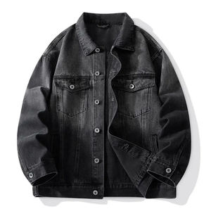 Veste en jean foncé pour homme, coupe classique, col rabattu, bouton unique, coton lavé, style décontracté automne - Product Image 1