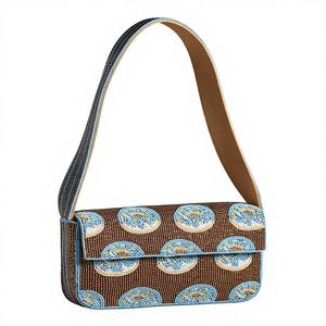 กระเป๋าถือสะพายไหล่สำหรับผู้หญิง งานแฮนด์เมดสุดหรู สีน้ำตาล-น้ำเงิน ประดับมุก พู่ห้อย ลูกปัด รูปทรงสี่เหลี่ยม เหมาะสำหรับงานเลี้ยงตอนเย็น ฤดูใบไม้ผลิ ฤดูร้อน ใช้ได้ทั่วไป หรือเป็นของขวัญ - Product Image 1