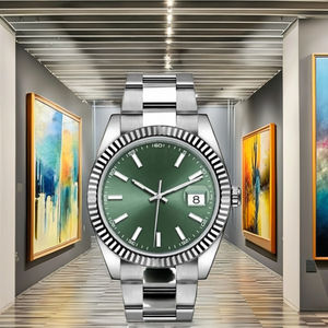 Montre de sport de luxe en acier inoxydable de haute qualité, ton argenté, bracelet 22 mm, style moderne Hip Hop, cadran vert soleil, index lumineux - Product Image 5