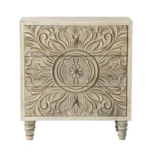 Luxury Handcrafted Solid Wood 3 Drawer Nightstand Ornate Sunburst Floral Carving Antique White Finish - Product Image 2