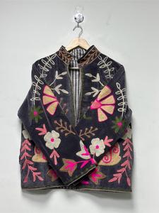 Ethnic Gray <b>Velvet</b> Embroidered Suzani <b>Jacket</b> Rabbit Pattern Full Sleeve Stand Collar Handmade Bohemian Autumn <b>Women</b> Outerwear - Product Image 4
