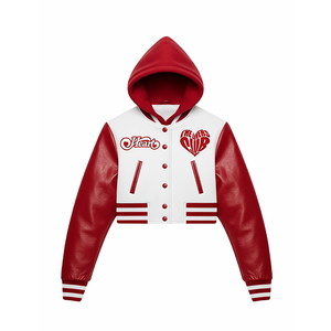 Chaqueta Corta Estilo Universitaria para Mujer, Modelo "Heart Lovers Club", Roja y Blanca con Capucha, Estilo Bomber para Ropa Urbana Y2K - Product Image 1