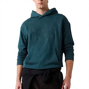 Sudadera con capucha bordada para hombre, color verde azulado, de felpa francesa, con hombros caídos y capucha cruzada, fabricante de ropa. - Product Image 1