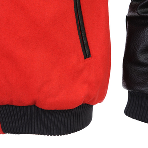 <b>Men's</b> Red Windproof Varsity <b>Jacket</b> Black PU <b>Leather</b> Sleeves Turn-down Collar Casual Style Color Blocking Winter Polyester/Cotton - Product Image 6