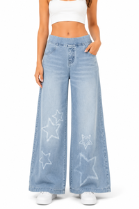 Womens Wide Leg Denim Jeans <b>Light</b> Blue Baggy Pants with <b>Star</b> Print Design High Waist Oversized Trousers Stylish Y2K Streetwear - Product Image 1