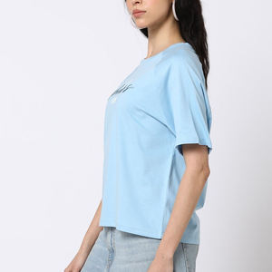 Camiseta Corta Azul Claro para Mujer, Cuello Redondo, Manga Corta, Corte Holgado, Color Sólido, Algodón Jersey, Transpirable, Top de Verano - Product Image 1