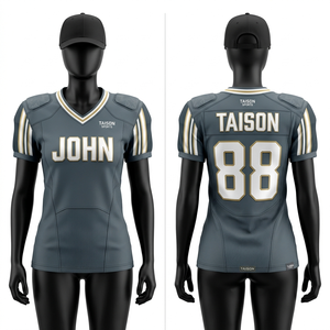 Camiseta de Fútbol Americano para Mujer, 150 GSM, Malla de Poliéster, Gris con Franjas Doradas en las Mangas, Transpirable, Sublimación, Logotipo Personalizado - Product Image 1