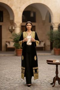 Black Velvet Embroidered <b>Kaftan</b> Long Sleeve Knee Length Loose Fit Women's Dress With Gold Geometric Pattern Winter Casual Dress - Product Image 4