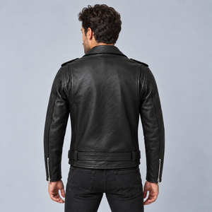 Veste de motard en cuir véritable noir pour homme avec fermeture éclair asymétrique, col rond, logo sur le devant en toile, ceinture à la taille et poches zippées - Product Image 4