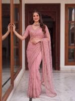 LD CREATION Saree moderne en résille pour femme, broderie de perles et de sequins faite à la main, séchage rapide, protection solaire, idéal pour les fêtes été/hiver