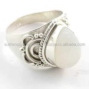 Bague cocktail style bohème en argent 925 avec pierre de lune naturelle en forme de goutte sertie clos, bijoux unisexe - Product Image 5