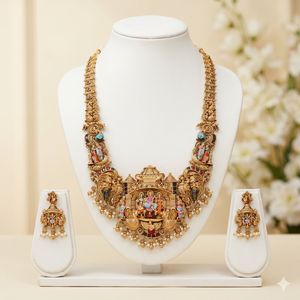 High Quality Traditional South <b>Indian</b> Temple Ethnic Brass Laxmi Bridal Set Zircon Flower Design Rose Gold Plated Wedding Party - Product Image 1