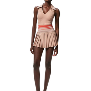 Women Sleeveless Pickleball uniforms With Shirt Collar <b>And</b> Pleated <b>Skirt</b> Striped Waistband Breathable Fitted Sport Apparel - Product Image 2