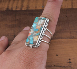 Vente en gros d'anneaux de mariage classiques à trois couches en argent sterling 925 avec turquoise cuivrée naturelle et nacre épineuse, cadeau pour femmes - Product Image 2