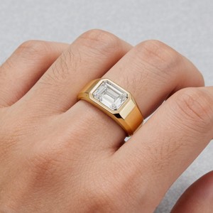 <b>Emerald</b> Cut Claw Setting Moissanite <b>Ring</b> 925 Sterling <b>Silver</b> Yellow Gold Plated Engagement Minimalist Promise <b>Ring</b> - Product Image 1