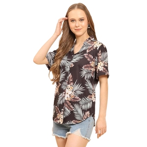 Camisa de playa suave para mujer, estampado floral tropical, cuello en V, manga corta, abotonada, informal, para verano - Product Image 1