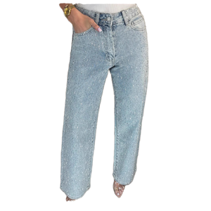 Jeans de mujer de cintura alta, pierna recta, transpirables, sueltos, con pedrería, cristales, efecto lavado, patchwork, para damas. - Product Image 1