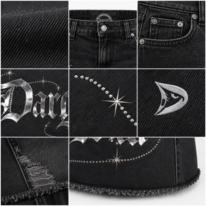 กระโปรงยีนส์โครเมี่ยม OEM, กระโปรงมินิสีดำทรงเอวต่ำแบบ Stonewash ประดับด้วย Rhinestones, กระโปรงยีนส์ทรงเข้ารูปสไตล์โกธิคสตรีทแวร์ - Product Image 5