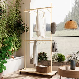 Perchero Moderno de Madera Maciza con 6 Perchas de Madera, Diseño Ahorrador de Espacio y Ajustable, Fácil Movilidad, para el Hogar o la Oficina - Product Image 1