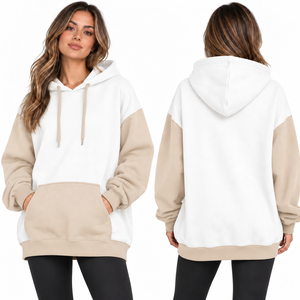 Women's Oversized Hooded Sweatshirt Color Blocked White Beige Fleece Breathable Eco-Friendly Pocket Design Long Sleeve Winter - Product Image 1