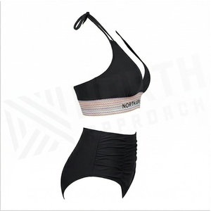 North Approach Ensemble de bikini 2 pièces noir pour femme, haut croisé à nouer, bas taille haute, couleur unie, maillot de bain extensible - Product Image 3