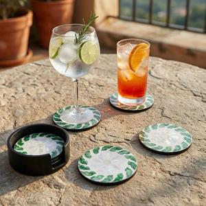 Ensemble de sous-verres de luxe écologiques en nacre ronde avec support, motif floral vert vintage, bordure bleue, style méditerranéen - Product Image 4