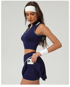 Ensemble de tennis pour femmes : débardeur court ajusté à col en V avec coussinets de poitrine et jupe contrastante à col en V avec short intégré – Idéal pour le golf - Product Image 6