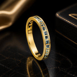 14K Yellow Gold 925 Sterling Silver Blue Topaz Princess Cut Channel <b>Set</b> Stackable Band <b>Ring</b> <b>Women</b> Fine Jewelry - Product Image 2