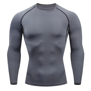 Camiseta Deportiva de Punto para Hombre, Gris, Manga Larga, Cuello Redondo, Secado Rápido, Corte Ajustado - Product Image 4