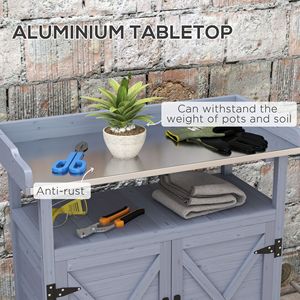 Banc de jardin gris avec armoire de rangement, plateau en acier et roues en caoutchouc pour jardin, patio, cour ou balcon - Product Image 4
