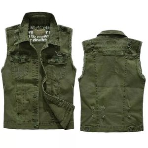Chaleco Vaquero Verde Oliva Personalizado para Hombre - Chaqueta de Mezclilla sin Mangas, Corte Ajustado y Estilo Desgastado para Exportación - Product Image 3