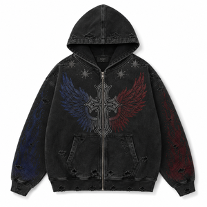 Sudadera con capucha extragrande para hombre, 100% algodón, gruesa, transpirable, de secado rápido, estilo urbano, estampada, vintage, con pedrería - Product Image 1