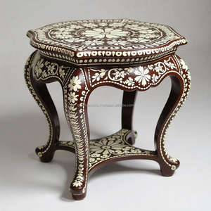 Mesa de madera con incrustaciones de hueso hechas a mano, forma redonda, motivo floral intrincado, acento atemporal para interiores elegantes del hogar - Product Image 6