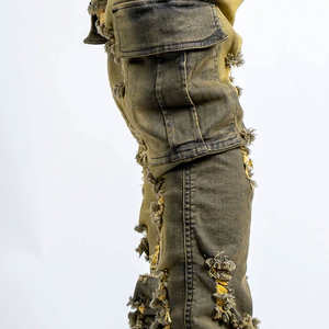 กางเกงยีนส์คาร์โก้ผู้ชาย ขาดๆ เซอร์ๆ หลายกระเป๋า สไตล์สตรีทแวร์ ทรงเข้ารูป แฟชั่นทันสมัย สวมใส่สบาย - Product Image 3