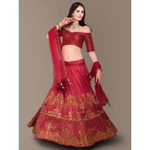 Sofisticado Vestido de Noche Rojo Bordado, Lehenga Choli Semi-Cosido para Fiestas de Zeel Clothing - Product Image 4