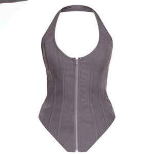 Top corsé sin mangas ajustado con cremallera, cuello halter, bajo asimétrico y varillas, color gris oscuro, para mujer, estilo bodycon, top de moda. - Product Image 5