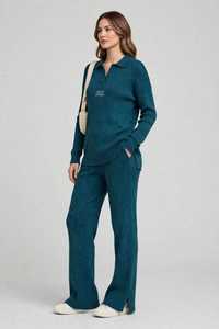 ONETEN APPARELS Conjunto Deportivo de Punto Acanalado Color Verde Azulado para Mujer, Manga Larga, Cuello Polo, Dobladillo Dividido, Conjunto Casual de 2 Piezas - Product Image 5