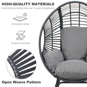 Nuova Poltrona a Uovo in PE Intrecciato Stile Rattan con Cuscino Nero e Grigio per Patio - Product Image 4
