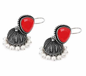 Verified Manufacturer Oxidized Silver Statement <b>Red</b> Blue Stone <b>Earrings</b> | Ethnic Women Jhumka Gift for Her - Product Image 5