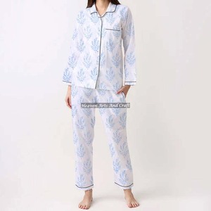 Pijama de algodón con estampado de bloque de mano, traje de noche Kurti primavera/verano Floral/personaje/letra/patrón/vacaciones/patrón de árbol de coco - Product Image 1